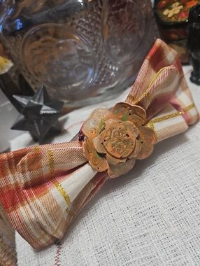 Handcrafted Plaid Dog Collar Bow Tie Peach Leather Floral Accent NEW